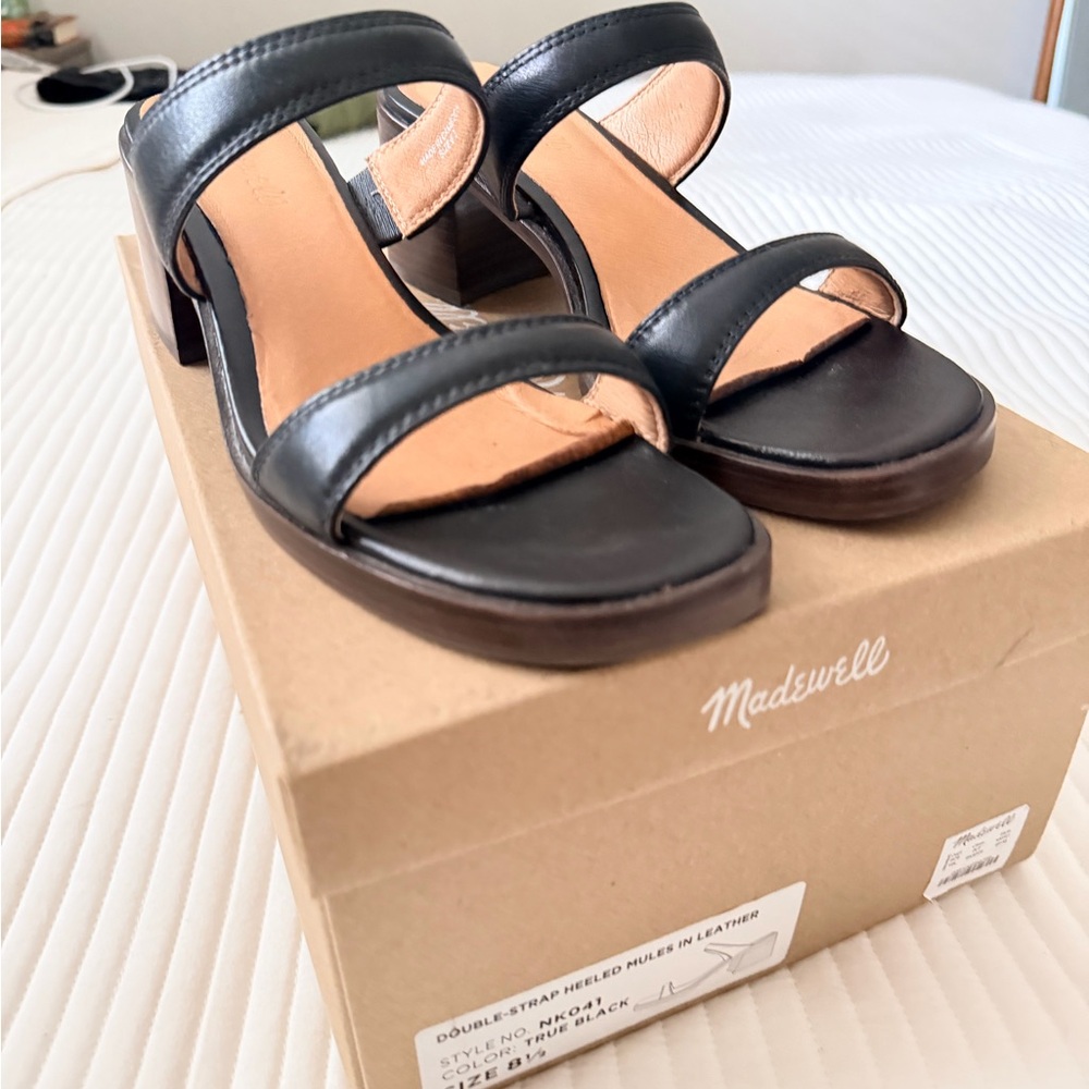Madewell Saige Double Strapped Heeled Mules Leather Black Leather Sandals - Picture 7 of 7